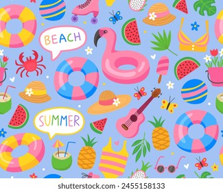 Summer seamless pattern. Cute romantic pattern. Inflatable rings, ukulele, hat, pineapple, fruit, ball, coconut, crab, swimsuit. Tropical elements, relaxation, vacation. Blue background.