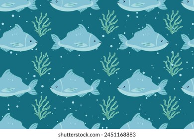 Summer seamless pattern with cute sea  fish on a  blue background. Trendy pattern for textile design, wallpaper, wrapping paper, scrubbing, children's parties, stickers, notebook cover.