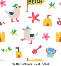 Summer seamless pattern with cute seagulls in caps on the beach walking among sandcastles. Vector childish hand drawn illustration in simple hand drawn modern style