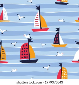 Summer seamless pattern with cute ships Creative background for fabric and textile