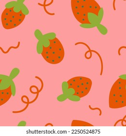 Summer seamless pattern with cute strawberry. Pink and red vector background with berries