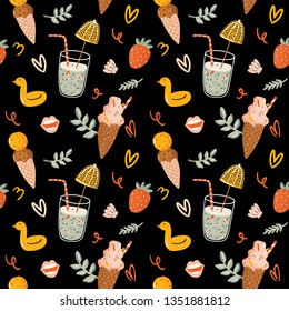 Summer seamless pattern with cute stylized elements on white background. Hand drawn scandinavian trendy style. Vector. Good for party invitations, banner, poster, fabric design, gift wrap