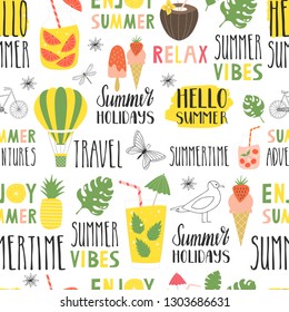 Summer seamless pattern with cute summertime illustrations. Hand drawn lettering, tropical leaves, hot air balloon, ice cream.