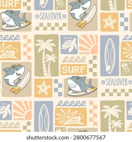Summer Seamless Pattern With Cute Surfing Shark. Boho Theme Cartoon Illustration