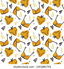 Summer seamless pattern with cute swimsuits on color background. Hand drawn scandinavian trendy style. Vector. Good for party invitations, banner, poster, fabric textile design, gift wrap