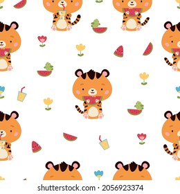 Summer seamless pattern with cute tigers and watermelons. Cartoon kawaii characters. Hand drawn doodle flowers. Vector illustration.