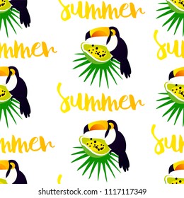 Summer seamless pattern with cute toucan, papaya and palm leaves on white background. Ornament for textile and wrapping. Vector banner.