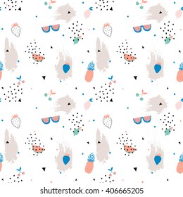 Summer Seamless Pattern with Cute Tropical Fruits and Hand Drawn Texture Background. Pop Art Style. Vector. illustration Design for poster, banner, card, invitation, placard, brochure, flyer.