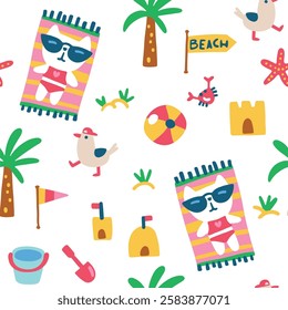 Summer seamless pattern with cute white kitty in swimsuit sunbathing and seagulls on the beach walking among sandcastles. Vector childish hand drawn illustration in simple hand drawn modern style