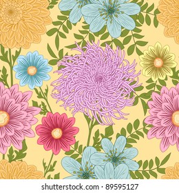 Summer seamless pattern with daisy, chrysanthemum and dahlia flowers