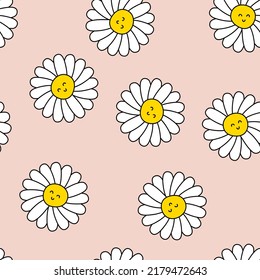 Summer seamless pattern with daisy flowers in 1960 style. Childish characters print with happy emotions. Kids vector illustration for decor and design.



