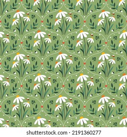 Summer seamless pattern with daisy flowers and leaves in retro style. Cute hand-drawn damask floral print. Vector pattern design for textile or wallpaper