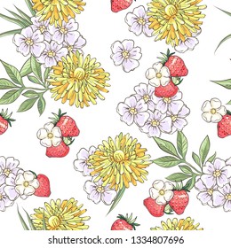 Summer seamless pattern with  dandelion, strawberries and field flowers on white background