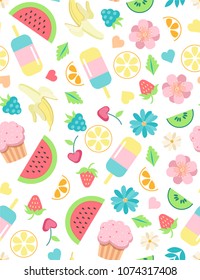 Summer seamless pattern with summer day food elements clip art set on the background - ice cream, berry, cupcake. Fabric print, card template. Fruits, sweets and flowers isolated vector illustration.