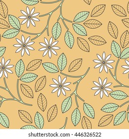 Summer seamless pattern with decorative leaves, flowers and lines can be used for wallpapers, surface textures, textile,linen, tile, kids cloth and more creative designs. 