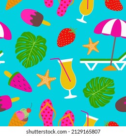 Summer seamless pattern design. Blue background summertime graphics vacation icons. Beach chair. Sunshade umbrella. Monstera leaf. Fresh juice glass and ice cream. Flat vector for textile or paper.