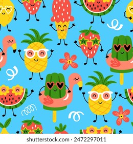 Summer seamless pattern design with cute funny fruits. Childish print for cards, wallpaper and background. Vector illustration