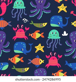 Summer seamless pattern design with cute under water animals and fish. Childish print for cards, wallpaper and background. Vector illustration