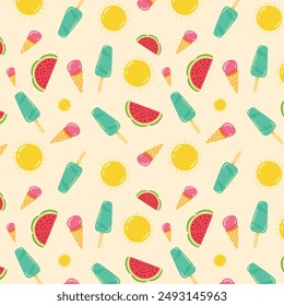 Summer seamless pattern design with cute ice cream, popsicle, watermelon and sun isolated on background. Summer background design.