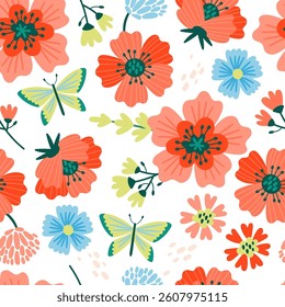 Summer seamless pattern design with cute flowers and butterfly. Childish print for cards, wallpaper and background. Vector illustration