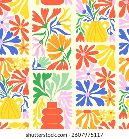 Summer seamless pattern design with cute modern abstract flowers and vases. Childish print for cards, wallpaper and background. Vector illustration