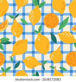 Summer seamless pattern design with cute lemons and checked pattern. Childish print for wrapping paper, packaging, background and fabric