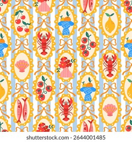 Summer seamless pattern design with cute  mediterranean elements and striped pattern. Childish print for wrapping paper, packaging, background and fabric