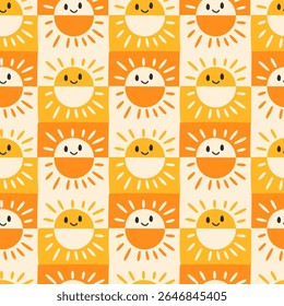 Summer seamless pattern design with cute funny sun. Childish hand drawn print for wrapping paper, packaging, background and fabric