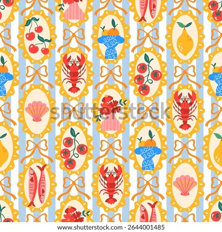Summer seamless pattern design with cute  mediterranean elements and striped pattern. Childish print for wrapping paper, packaging, background and fabric