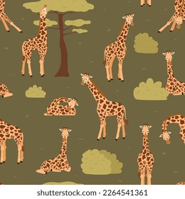 Summer seamless pattern design with exotic African giraffes among green trees, flat vector illustration. Decorative endless seamless pattern with giraffes.