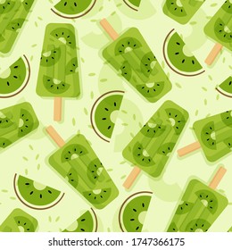 Summer seamless pattern design Kiwi fruit Ice cream colorful vector illustration, pattern for fabric, background, wallpaper, wrapping paper, print t shirt and clothes. Orange and leaves artwork