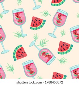 Diseño de patrón veraniego sin fisuras con sandía y cóctel de frutas. Patrón repetible de frutas y textura interminable para impresión, ilustración vectorial plana.