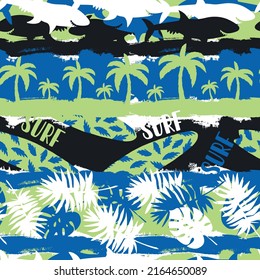 Summer seamless pattern design.Palm, surfboard, shark, tropical leaves vector print.