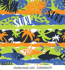 Summer seamless pattern design.Palm, surfboard, shark, tropical leaves vector print. Strips pattern. 