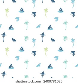 Summer seamless pattern design.Palm tree, shark vector print.Fun t-shirt design for kids.Vector illustration design for fashion fabrics, textile graphics, print.