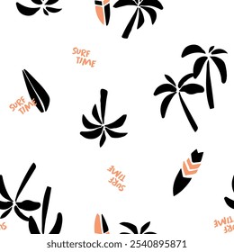 Summer seamless pattern design.Palm tree, surfboard, shark print. Summer seamless pattern design.Palm tree, surfboard, shark print. monochrome print