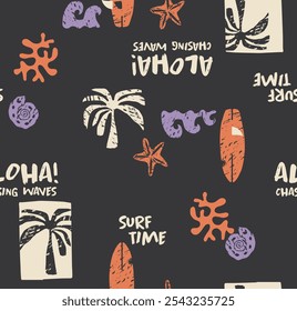 Summer seamless pattern design.Palm tree, surfboard,  print. colorful orange brown background