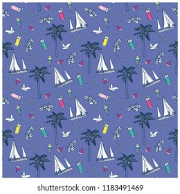 Summer seamless pattern design.Palm tree,sailboat, ice cream vector print.Vector illustration design for fashion fabrics, textile graphics, prints, wallpapers and other uses.