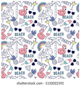 Summer seamless pattern design.Palm tree,sunglasses, flamingo,pineapple,ice cream,watermelon vector print.