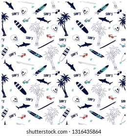 Summer seamless pattern design.Palm tree,surfboard, shark vector print. 