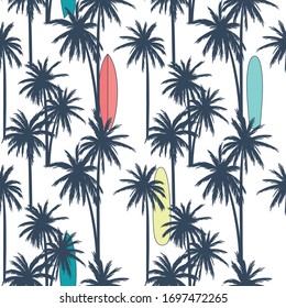 Summer seamless pattern design.Palm tree,surfboard vector print.