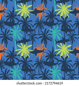 Summer seamless pattern design.Shark and palm tree vector print.