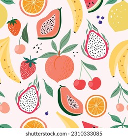 Summer seamless pattern with different fresh fruits, decorative seasonal wallpaper, background