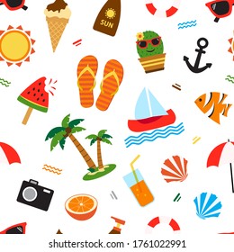 Summer seamless pattern, different seasons objects isolated on white background. Vector illustration