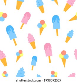 Verano sin costura patter diferentes tipos de helados. Textura de helado de verano. Sencillo fondo plano, se puede usar como papel de pared, para tela, para textiles, como impresión, para envolver papel, estuche de teléfono.