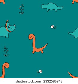 Summer seamless pattern with dinosaurs and flowers. Cute print for tee, paper, textile and fabric. Simple vector illustration for decor and design.
