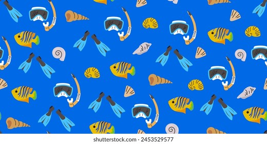 Summer seamless pattern with diving equipment. Dark blue background with diving mask and fins, colorful fish and seashells. Underwater snorkeling. Summer activities. Flat design