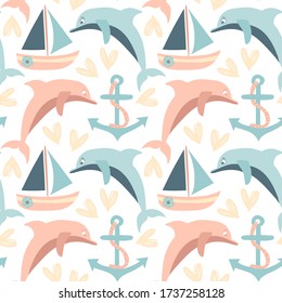 Summer seamless pattern with dolphins, anchors, boats and hearts
