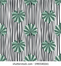 Summer seamless pattern with doodle green abstract jungle ornament. Black and white striped backround. Designed for fabric design, textile print, wrapping, cover. Vector illustration.