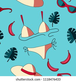 summer seamless pattern with doodle icons: swim suit, hat, leaves of monstera and bananas in modern colors. cartoon style, flat. for fabric design, cardstextile design, home decor, beach bag